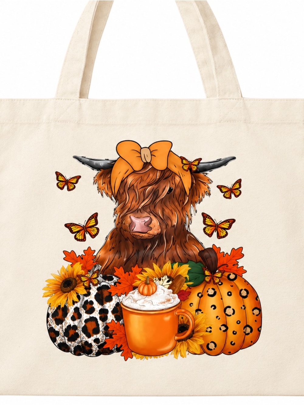 Autumn Highland Cow Tote Bag - Cream Canvas with Orange Accents